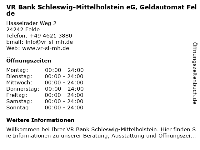 á… Offnungszeiten Geldautomat Felde Vr Bank Schleswig Mittelholstein Eg Dorfstrasse 91 In Felde