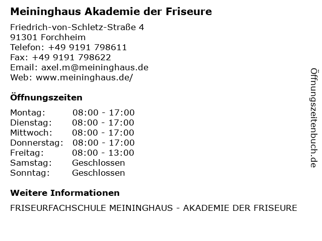 ᐅ Offnungszeiten Meininghaus Akademie Der Friseure Friedrich Von Schletz Strasse 4 In Forchheim