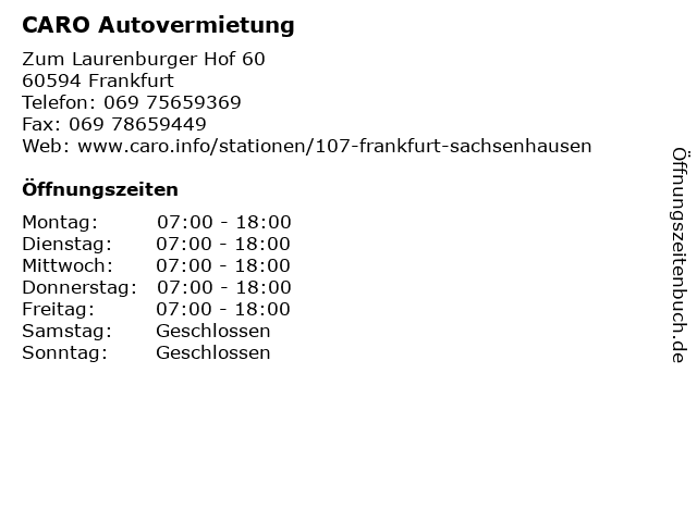 ᐅ Offnungszeiten Caro Autovermietung Zum Laurenburger Hof 60 In Frankfurt