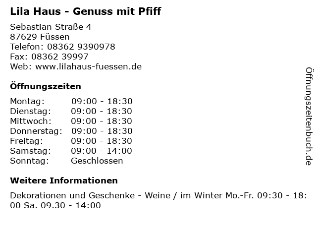 ᐅ Offnungszeiten Lila Haus Genuss Mit Pfiff Sebastian