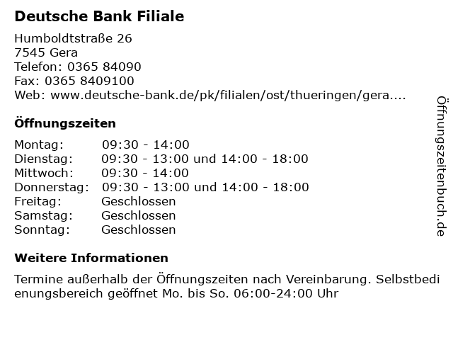 á… Offnungszeiten Deutsche Bank Filiale Humboldtstrasse 26 In Gera