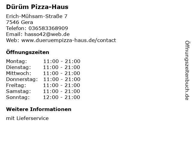 ᐅ Offnungszeiten Durum Pizza Haus Erich Muhsam Strasse 7 In Gera