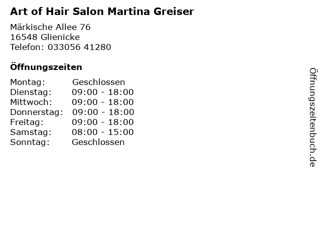 ᐅ Offnungszeiten Art Of Hair Salon Martina Greiser Markische Allee 76 In Glienicke