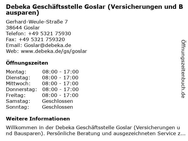 ᐅ Offnungszeiten Debeka Geschaftsstelle Goslar Petersilienstrasse 30 In Goslar
