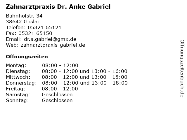 ᐅ Offnungszeiten Zahnarztpraxis Dr Anke Gabriel Bahnhofstr 34 In Goslar