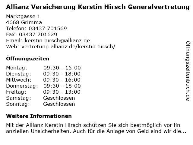 ᐅ Offnungszeiten Allianz Generalvertretung Kerstin Hirsch Marktgasse 1 In Grimma
