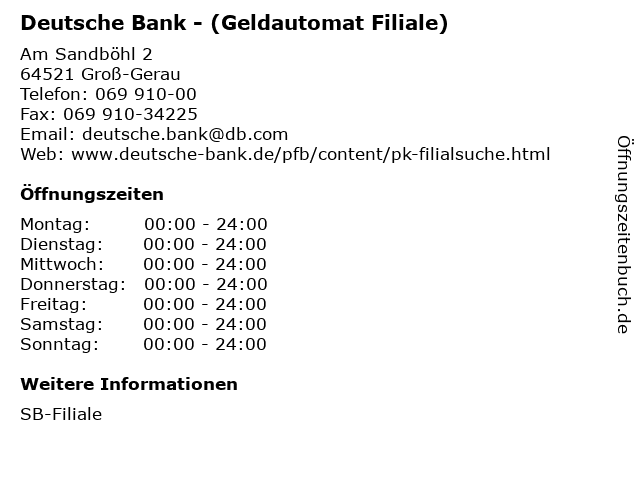 á… Offnungszeiten Deutsche Bank Geldautomat Filiale Am Sandbohl 2 In Gross Gerau