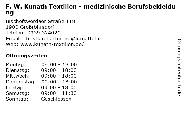 ᐅ Offnungszeiten F W Kunath Textilien Medizinische Berufsbekleidung Bischofswerdaer Strasse 118 In Grossrohrsdorf