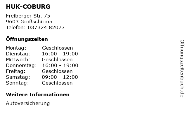 ᐅ Offnungszeiten Huk Coburg Freiberger Str 75 In Grossschirma