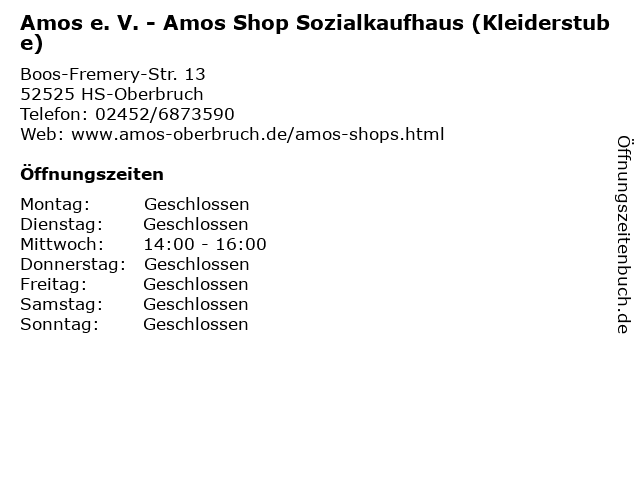 ᐅ Öffnungszeiten „Amos e. V. Amos Shop Sozialkaufhaus