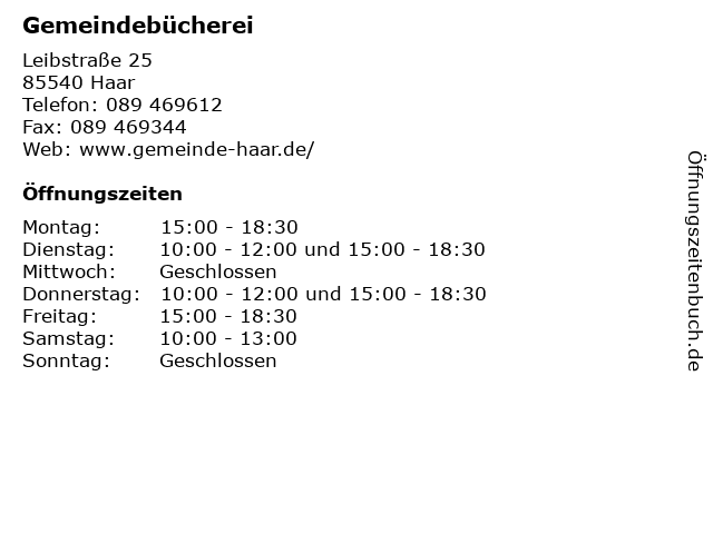 ᐅ Offnungszeiten Gemeindebucherei Leibstrasse 25 In Haar