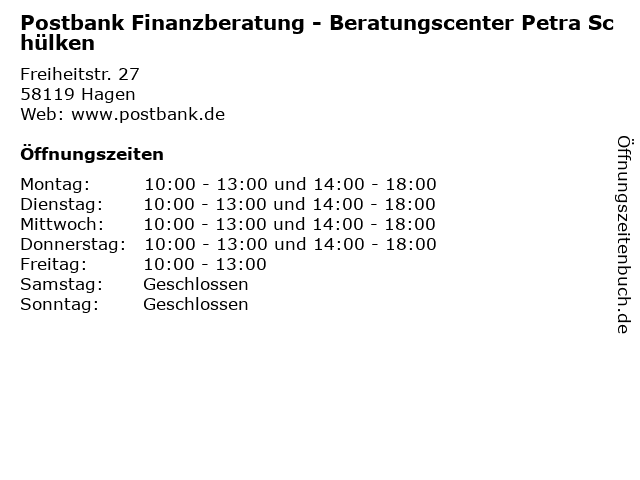 ᐅ Offnungszeiten Postbank Finanzberatung Beratungscenter Petra Schulken Freiheitstr 27 In Hagen