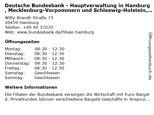 ᐅ Offnungszeiten Deutsche Bundesbank Willy Brandt Strasse 73 In Hamburg