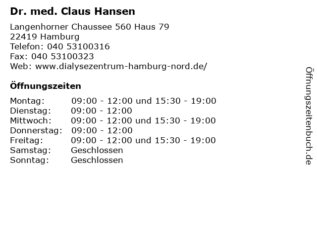 ᐅ Offnungszeiten Dr Med Claus Hansen Langenhorner Chaussee 560 Haus 79 In Hamburg
