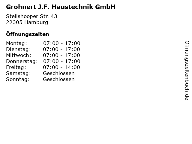 ᐅ Offnungszeiten Grohnert J F Haustechnik Gmbh Steilshooper Str 43 In Hamburg