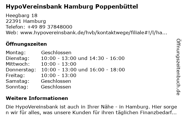 ᐅ Offnungszeiten Hypovereinsbank Hamburg Poppenbuttel Heegbarg 18 In Hamburg