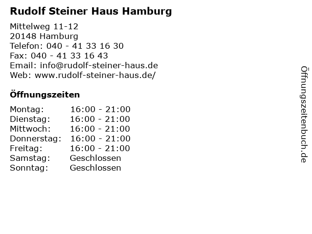 ᐅ Offnungszeiten Rudolf Steiner Haus Hamburg Mittelweg 11 12