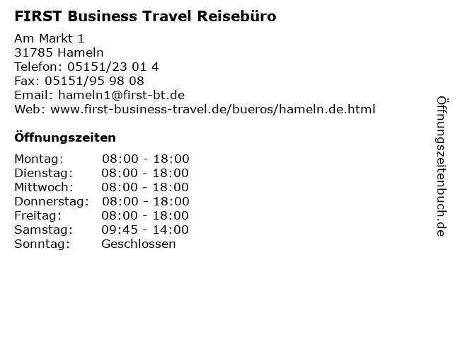 FIRST Business Travel Reisebüro in Hameln: Adresse und Öffnungszeiten