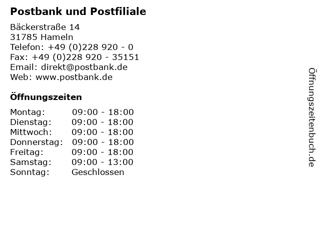 ᐅ Offnungszeiten Postbank Und Postfiliale Backerstrasse 14 In Hameln