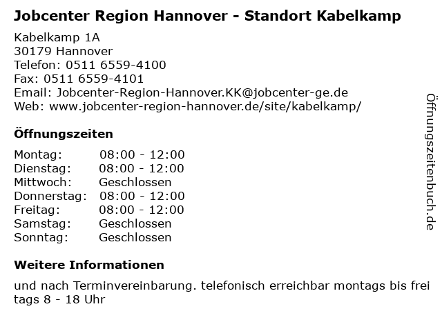 ᐅ Offnungszeiten Jobcenter Region Hannover Standort Kabelkamp Kabelkamp 1a In Hannover