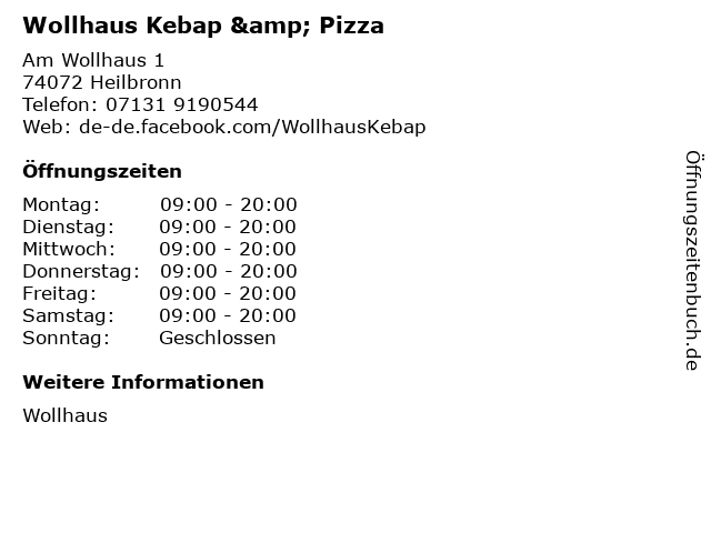 ᐅ Offnungszeiten Wollhaus Kebap Pizza Am Wollhaus 1 In