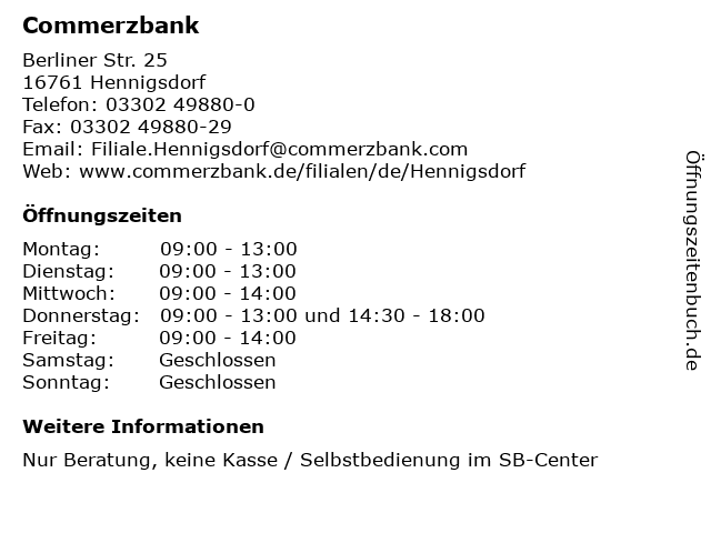 ᐅ Offnungszeiten Commerzbank Berliner Str 25 In Hennigsdorf