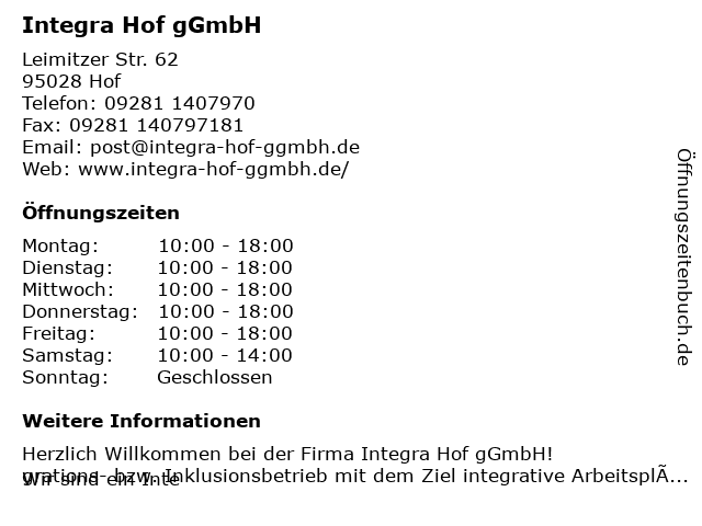 ᐅ Öffnungszeiten „Integra Hof gemeinnützige GmbH