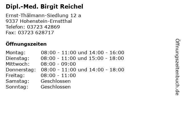 ᐅ Öffnungszeiten „Dipl.-Med. Birgit Reichel“ | Ernst-Thälmann-Siedlung