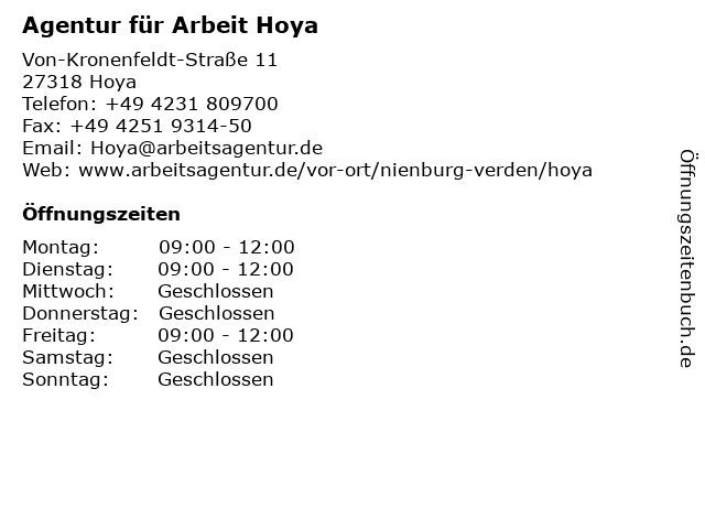 ᐅ Offnungszeiten Agentur Fur Arbeit Hoya Von Kronenfeldt Strasse 11 In Hoya