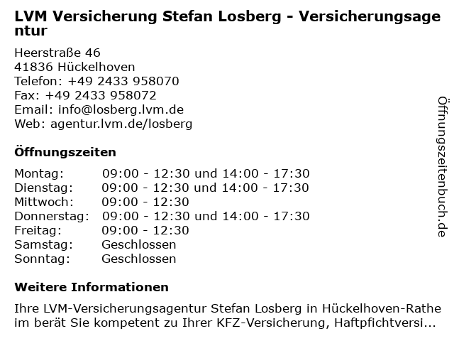 ᐅ Offnungszeiten Lvm Versicherung Stefan Losberg Heerstrasse 46 In Huckelhoven