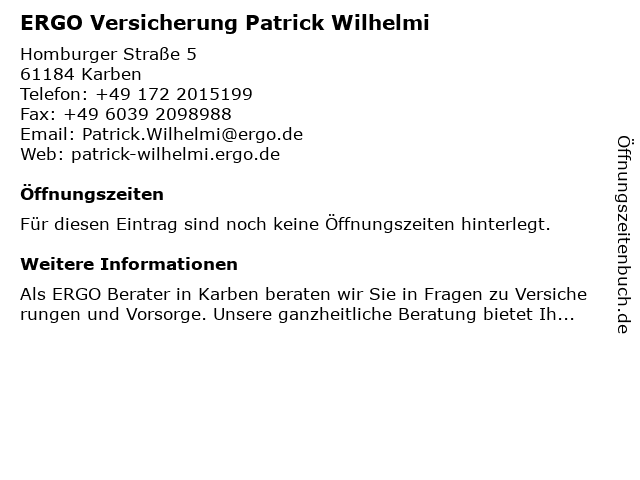 ᐅ Offnungszeiten Ergo Versicherung Patrick Wilhelmi Homburger Str 5 In Karben