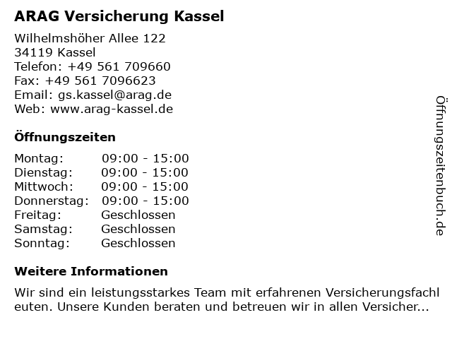 ᐅ Offnungszeiten Arag Versicherung Kassel Wilhelmshoher Allee 122 In Kassel