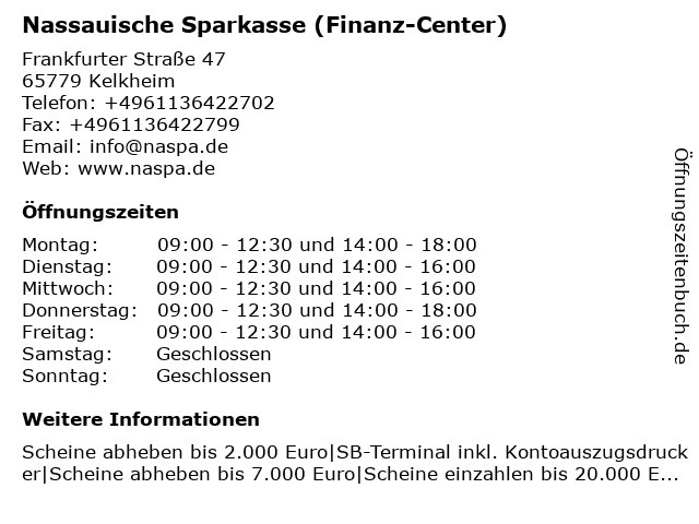 ᐅ Offnungszeiten Nassauische Sparkasse Finanz Center Kelkheim Frankfurter Str 47 In Kelkheim