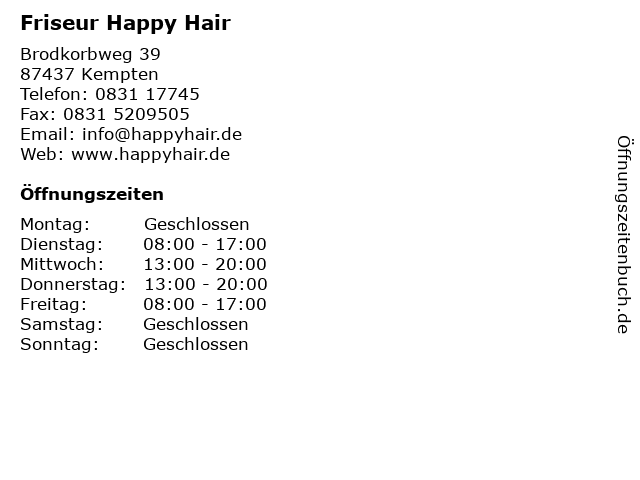 ᐅ Offnungszeiten Friseur Happy Hair Brodkorbweg 39 In Kempten