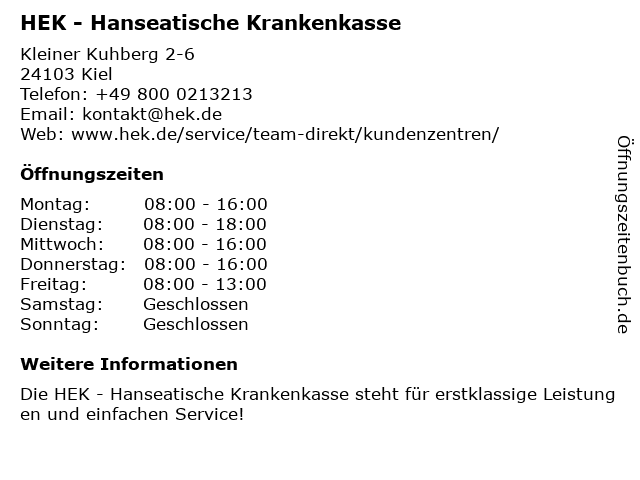 ᐅ Offnungszeiten Hek Hanseatische Krankenkasse Kleiner Kuhberg 2 6 In Kiel