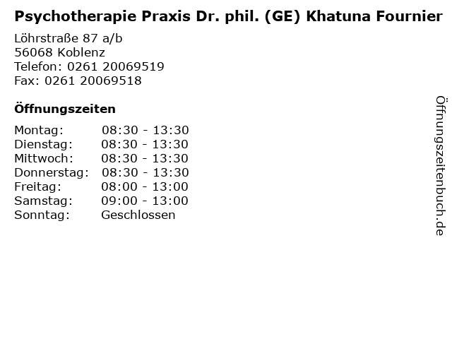 á… Offnungszeiten Psychotherapie Praxis Dr Phil Ge Khatuna Fournier Lohrstrasse 87 A B In Koblenz