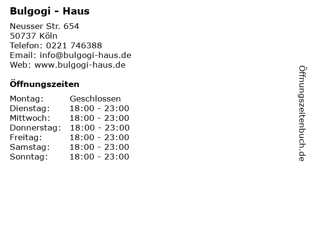 ᐅ Offnungszeiten Bulgogi Haus Neusser Str 654 In Koln