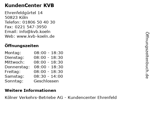 ᐅ Öffnungszeiten „KundenCenter KVB“ | Ehrenfeldgürtel 14 ...