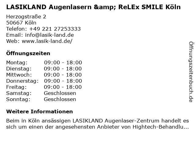 ᐅ Offnungszeiten Lasikland Augenlasern Relex Smile Koln Herzogstrasse 2 In Koln