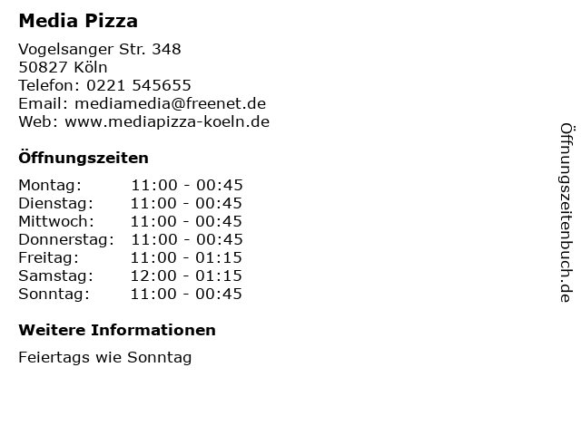 ᐅ Offnungszeiten Media Pizza Vogelsanger Str 348 In Koln