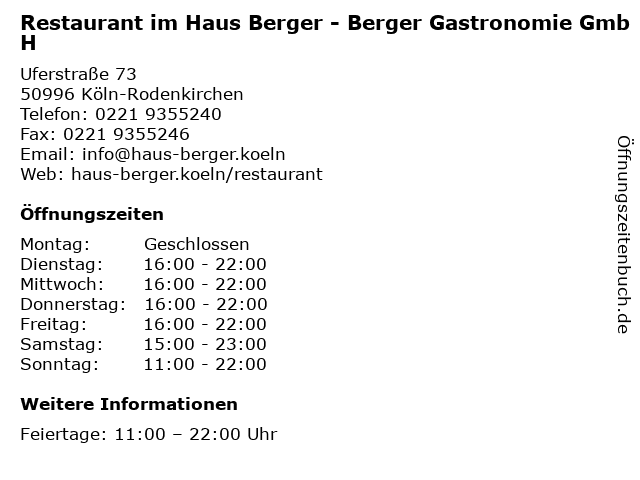 ᐅ Offnungszeiten Restaurant Im Haus Berger Berger Gastronomie