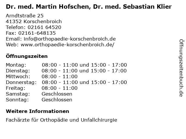 Á Offnungszeiten Dr Med Martin Hofschen Dr Med Sebastian Klier Arndtstrasse 25 In Korschenbroich