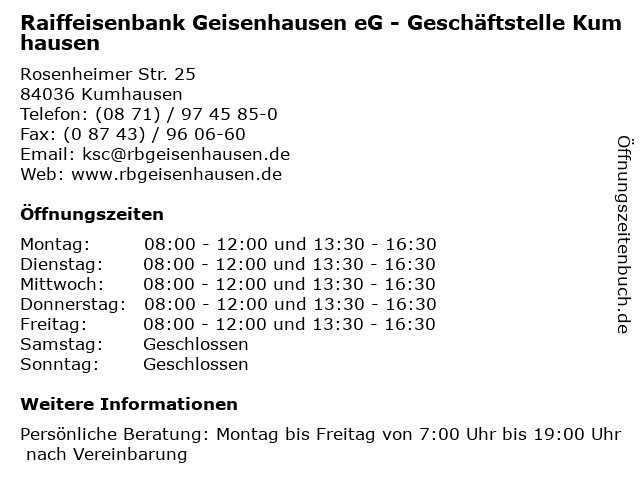 ᐅ Offnungszeiten Raiffeisenbank Geisenhausen Eg Geschaftstelle Kumhausen Rosenheimer Str 25 In Kumhausen