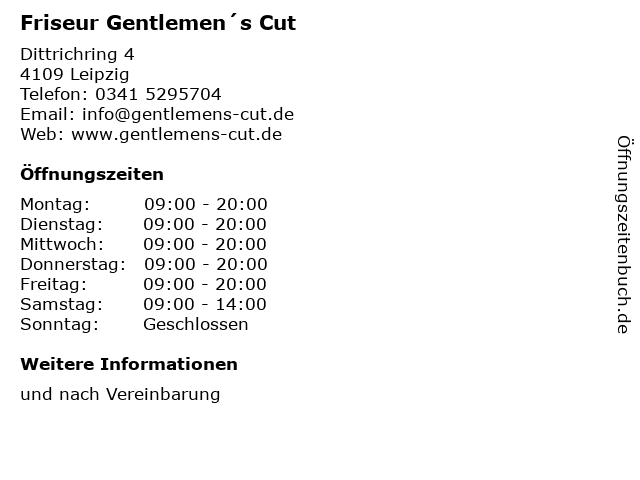 ᐅ Offnungszeiten Friseur Gentlemen S Cut Dittrichring 4