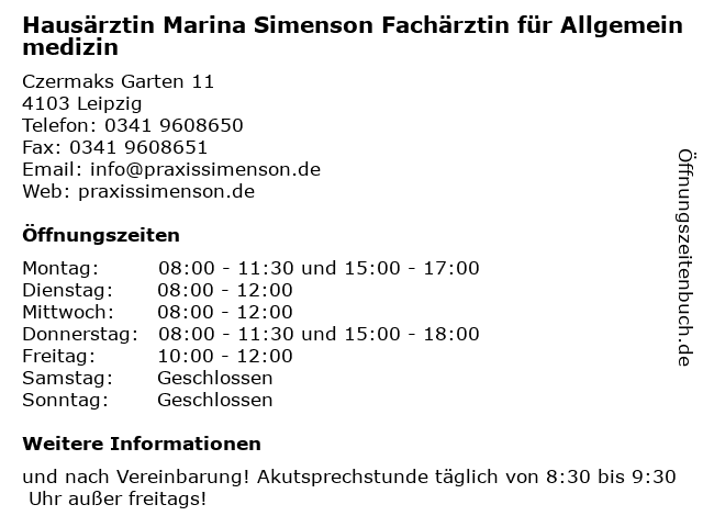 ᐅ Offnungszeiten Hausarztin Marina Simenson Facharztin Fur