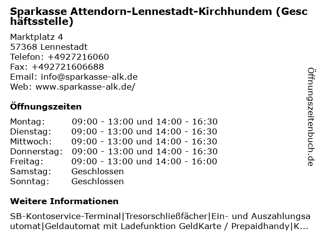 ᐅ Offnungszeiten Sparkasse Attendorn Lennestadt Kirchhundem Geschaftsstelle Altenhundem Marktplatz 4 In Lennestadt