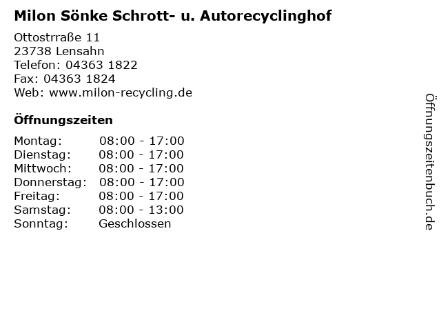 á… Offnungszeiten Milon Sonke Schrott U Autorecyclinghof Ottostrrasse 11 In Lensahn