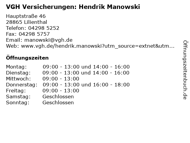 ᐅ Offnungszeiten Vgh Versicherungen Hendrik Manowski Hauptstrasse 46 In Lilienthal