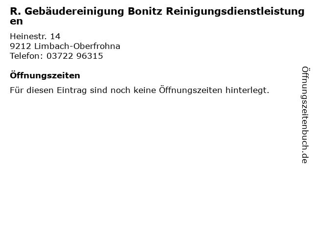 ᐅ Offnungszeiten R Gebaudereinigung Bonitz Reinigungsdienstleistungen Heinestr 14 In Limbach Oberfrohna