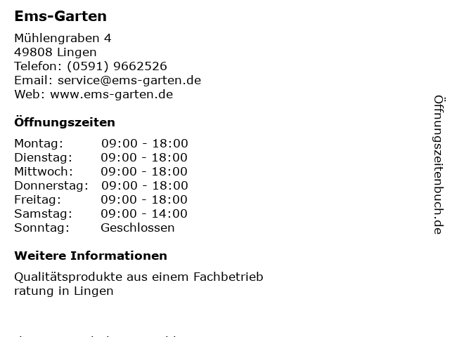 ᐅ Offnungszeiten Ems Garten Muhlengraben 4 In Lingen